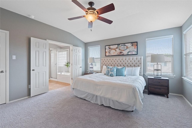 11221 Old Quarry Rd, Austin, TX 78717 - bedroom with carpet floors, lofted ceiling, connected bathroom, and ceiling fan