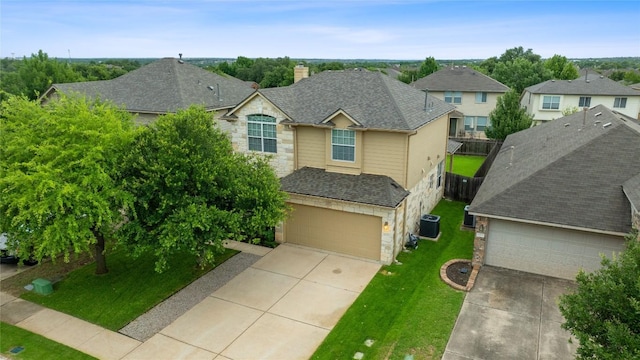 11221 Old Quarry Rd, Austin, TX 78717 - traditional-style house with stone siding, driveway, a chimney, a shingled roof, and a residential view