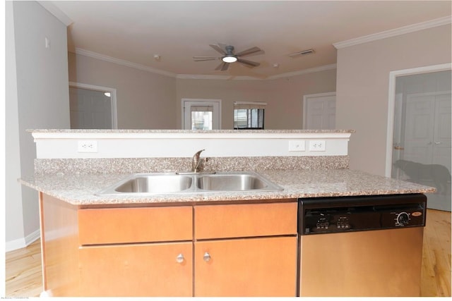 2502 Leon St Unit 305, Austin, TX 78705 - kitchen featuring dishwasher, light wood-type flooring, crown molding, a ceiling fan, and light stone counters