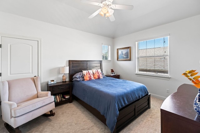 174 Jayne Cv, Austin, TX 78737 - bedroom with light colored carpet, a ceiling fan, and vaulted ceiling