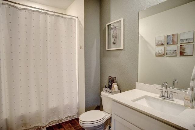 508 Bluffview Dr, Bastrop, TX 78602 - bathroom with vanity, a shower with curtain, wood finished floors, and a textured wall