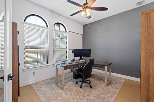 office area with a ceiling fan and wood finished floors