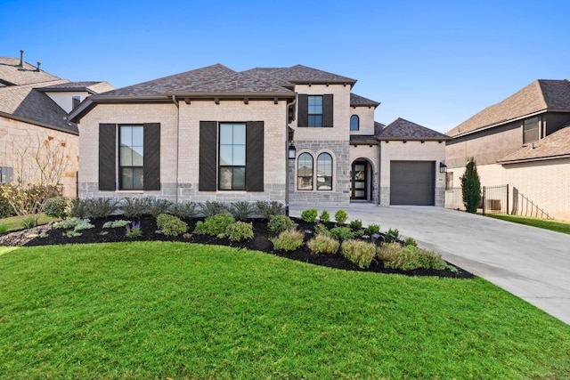 french country home featuring concrete driveway, an attached garage, a front lawn, and brick siding