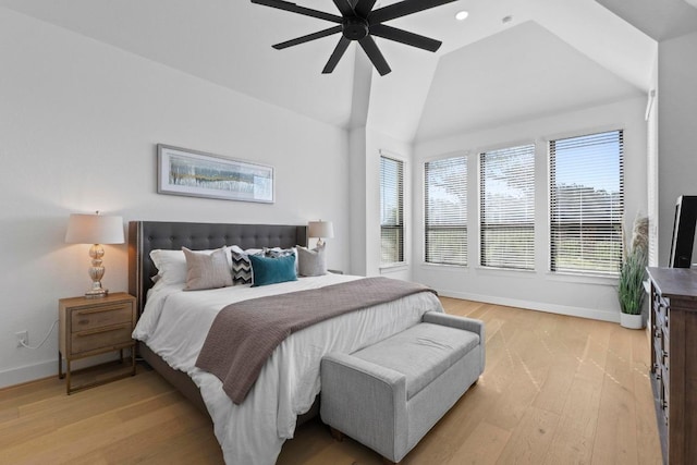 bedroom with light wood finished floors, lofted ceiling, recessed lighting, and a ceiling fan