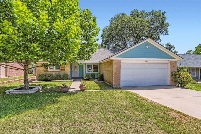 1121 Stoneoak Ln, Austin, TX 78745 - view of front of home featuring a garage, concrete driveway, a front lawn, and brick siding
