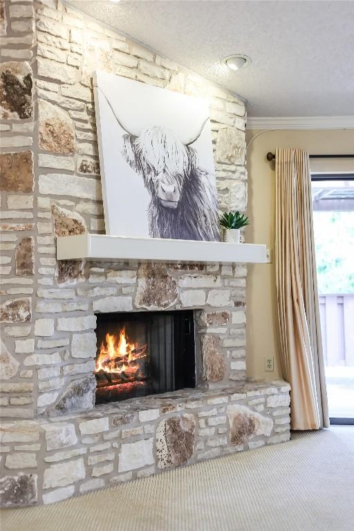 45 Oaks Pl, Lago Vista, TX 78645 - detailed view of a fireplace, crown molding, and carpet flooring