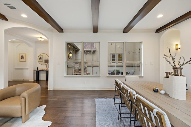 6000 Osceola Trl, Austin, TX 78738 - dining room featuring beamed ceiling, arched walkways, wood-type flooring, and recessed lighting