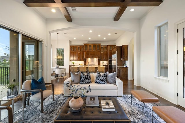 6000 Osceola Trl, Austin, TX 78738 - living room featuring coffered ceiling, dark wood-style flooring, beam ceiling, recessed lighting, and crown molding