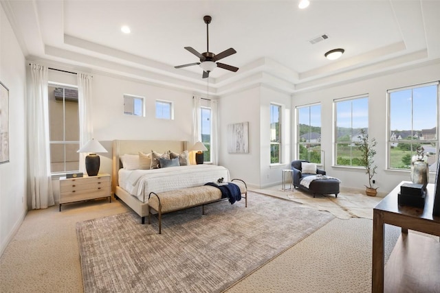 6000 Osceola Trl, Austin, TX 78738 - bedroom featuring a raised ceiling, light colored carpet, recessed lighting, and a ceiling fan