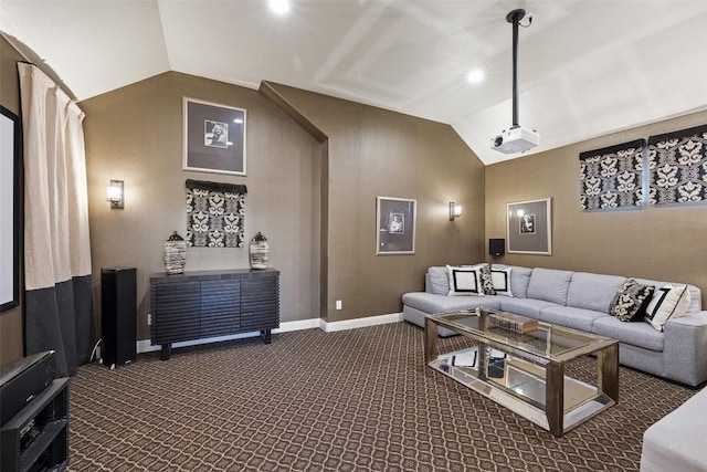 6000 Osceola Trl, Austin, TX 78738 - home theater featuring vaulted ceiling, dark colored carpet, and recessed lighting