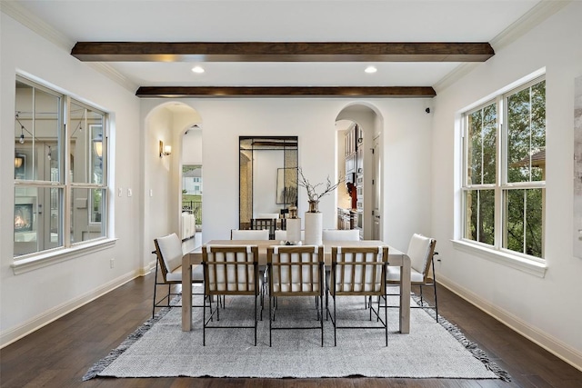 6000 Osceola Trl, Austin, TX 78738 - dining area featuring arched walkways, beam ceiling, wood finished floors, and recessed lighting