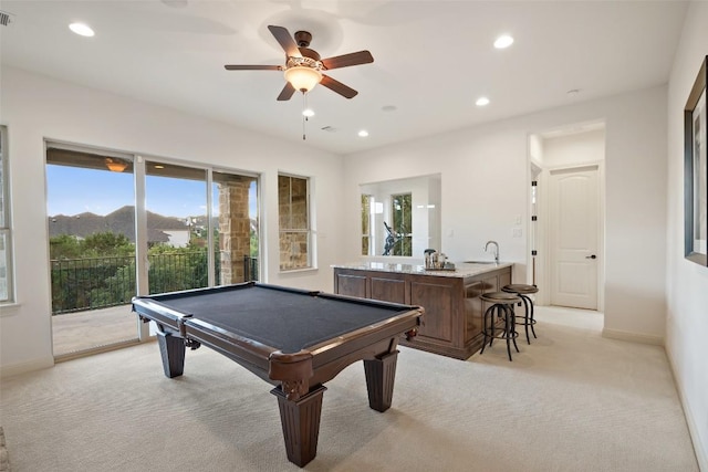 6000 Osceola Trl, Austin, TX 78738 - recreation room with light colored carpet, a ceiling fan, recessed lighting, and billiards