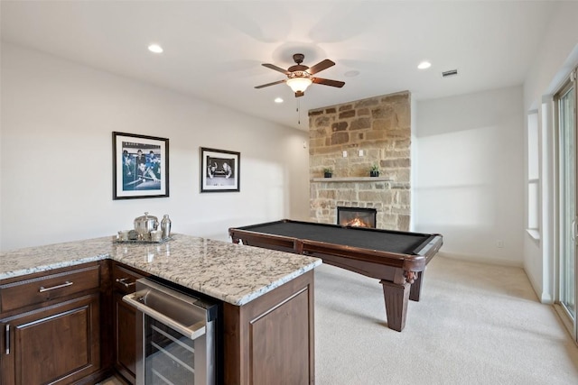 6000 Osceola Trl, Austin, TX 78738 - recreation room featuring wine cooler, light colored carpet, ceiling fan, billiards table, and recessed lighting