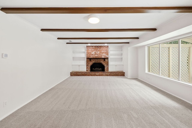 4217 Greystone Dr N, Austin, TX 78731 - unfurnished living room with carpet floors, beamed ceiling, and a fireplace