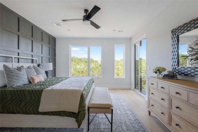 7809 Old Bee Caves Rd Unit 12, Austin, TX 78735 - bedroom with access to exterior, light wood finished floors, and ceiling fan