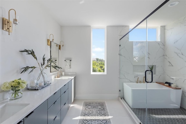 7809 Old Bee Caves Rd Unit 12, Austin, TX 78735 - bathroom with double vanity, a freestanding tub, and a marble finish shower