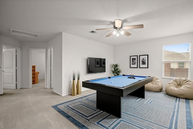 11104 Helms Deep Dr, Austin, TX 78754 - game room featuring light colored carpet, a ceiling fan, and pool table
