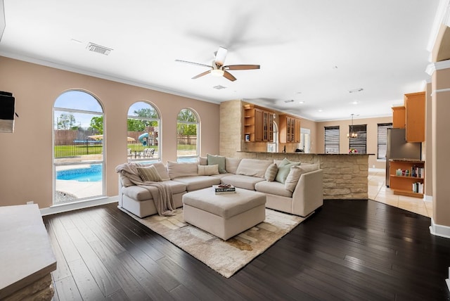 11606 Uplands Ridge Dr, Bee Cave, TX 78738 - living room with ceiling fan, plenty of natural light, light wood-style floors, crown molding, and recessed lighting