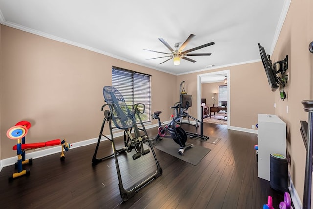 11606 Uplands Ridge Dr, Bee Cave, TX 78738 - exercise area featuring a ceiling fan, healthy amount of natural light, dark wood-style floors, and crown molding