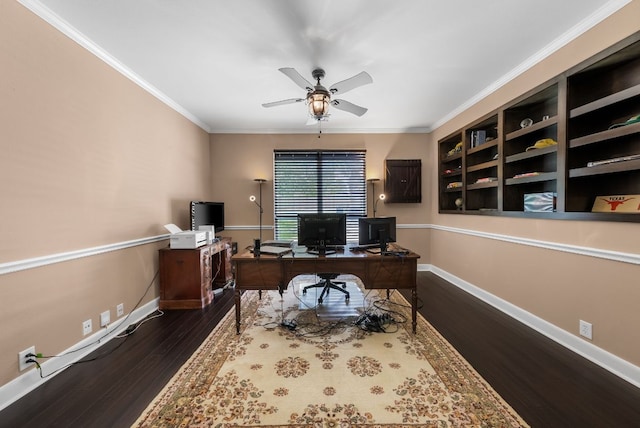 11606 Uplands Ridge Dr, Bee Cave, TX 78738 - office area featuring a ceiling fan, wood finished floors, and ornamental molding