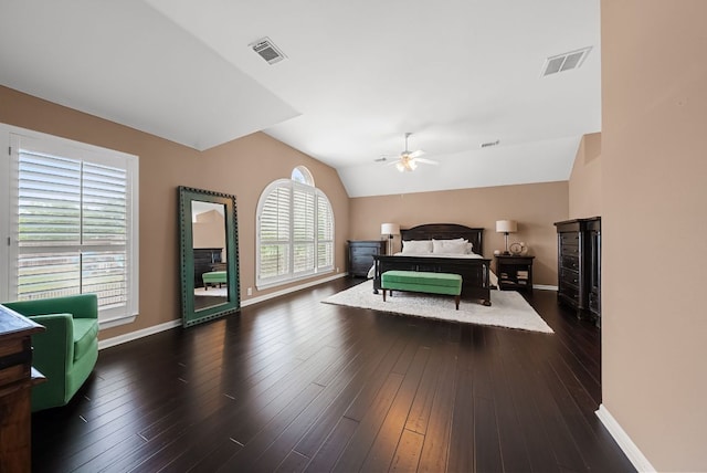 11606 Uplands Ridge Dr, Bee Cave, TX 78738 - bedroom with lofted ceiling, dark wood-type flooring, and a ceiling fan