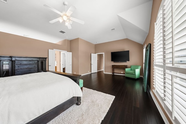 11606 Uplands Ridge Dr, Bee Cave, TX 78738 - bedroom featuring vaulted ceiling, dark wood-style floors, and ceiling fan