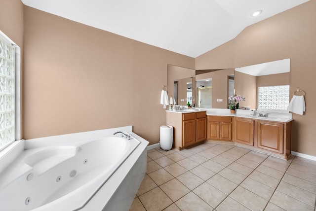 11606 Uplands Ridge Dr, Bee Cave, TX 78738 - full bathroom featuring vaulted ceiling, double vanity, a whirlpool tub, tile patterned flooring, and a stall shower