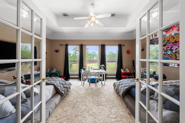 11606 Uplands Ridge Dr, Bee Cave, TX 78738 - bedroom with a tray ceiling and a ceiling fan