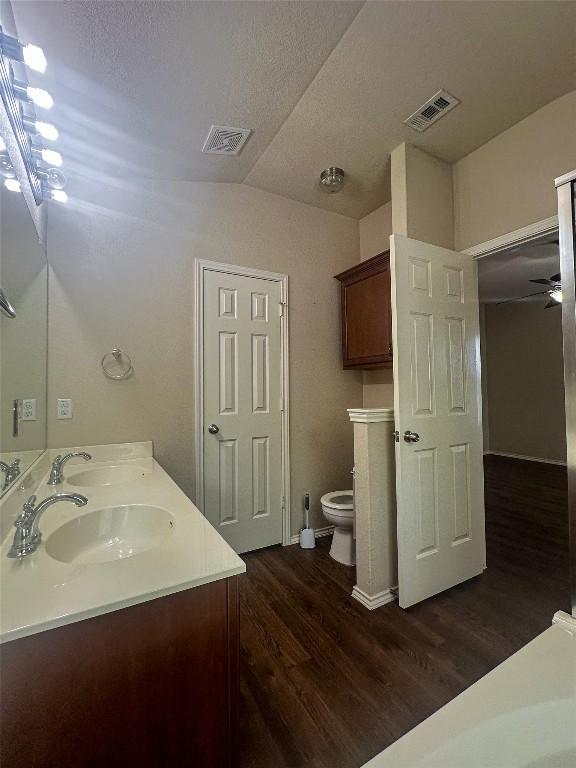 214 Wild Plum, San Marcos, TX 78666 - bathroom with double vanity, wood finished floors, lofted ceiling, and ceiling fan