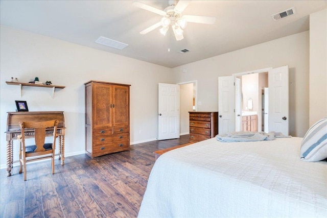 18717 Shoreless Dr, Pflugerville, TX 78660 - bedroom with dark wood finished floors, ceiling fan, and ensuite bath
