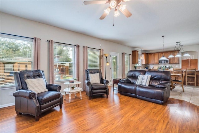 18717 Shoreless Dr, Pflugerville, TX 78660 - living area with light wood finished floors, healthy amount of natural light, and a ceiling fan
