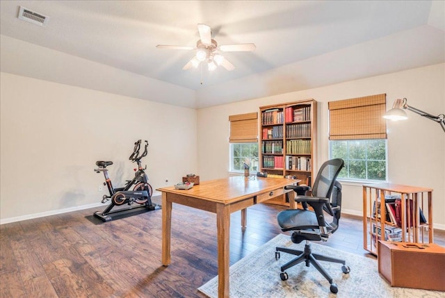 18717 Shoreless Dr, Pflugerville, TX 78660 - office with wood finished floors, plenty of natural light, and ceiling fan