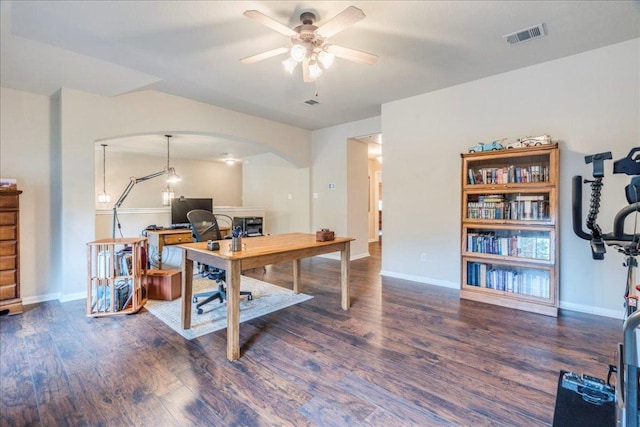 18717 Shoreless Dr, Pflugerville, TX 78660 - office featuring ceiling fan, wood finished floors, and arched walkways