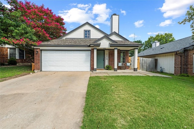 12922 Staton Dr, Austin, TX 78727 - view of front facade with concrete driveway, an attached garage, brick siding, covered porch, and a chimney