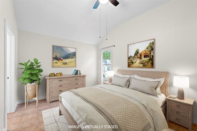 12922 Staton Dr, Austin, TX 78727 - bedroom with lofted ceiling, a ceiling fan, and light tile patterned floors