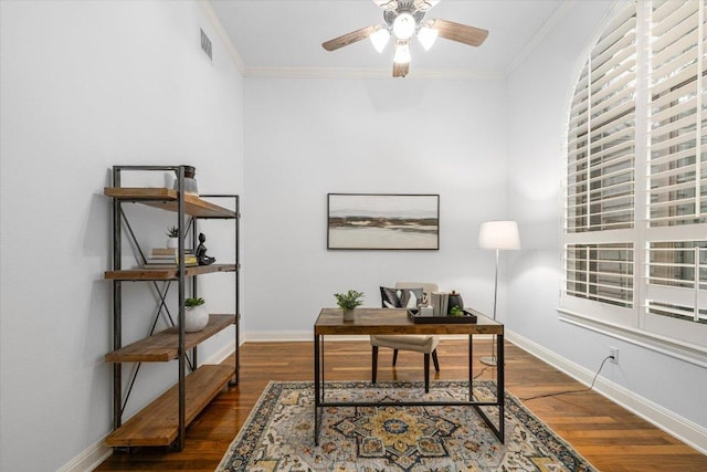 13212 Coleto Creek Trl, Austin, TX 78732 - office with ceiling fan, crown molding, and dark wood-style flooring