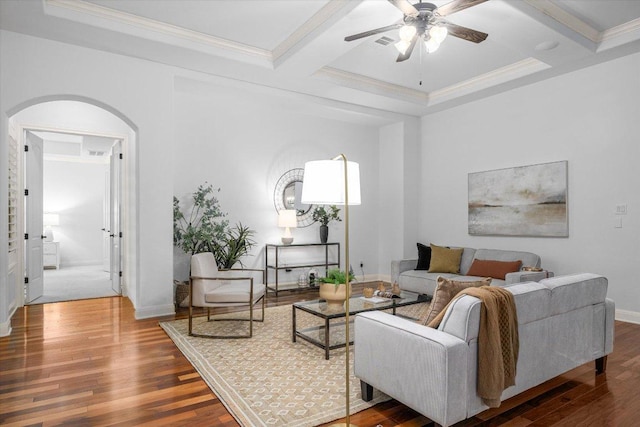 13212 Coleto Creek Trl, Austin, TX 78732 - living area featuring arched walkways, a ceiling fan, wood finished floors, coffered ceiling, and beamed ceiling