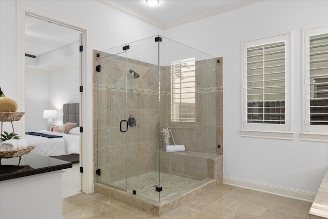 13212 Coleto Creek Trl, Austin, TX 78732 - full bath with ensuite bath, ornamental molding, a stall shower, and tile patterned flooring