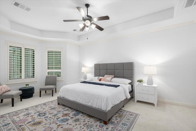 13212 Coleto Creek Trl, Austin, TX 78732 - bedroom with a raised ceiling, carpet, and a ceiling fan