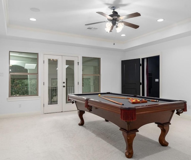 13212 Coleto Creek Trl, Austin, TX 78732 - playroom with a tray ceiling, french doors, light colored carpet, billiards table, and recessed lighting