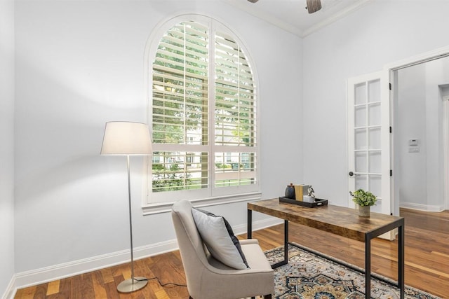 13212 Coleto Creek Trl, Austin, TX 78732 - home office with a ceiling fan, crown molding, wood finished floors, and french doors