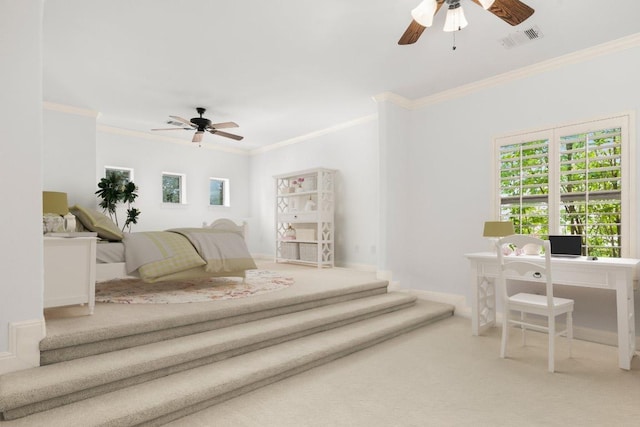 13212 Coleto Creek Trl, Austin, TX 78732 - bedroom featuring carpet flooring, multiple windows, crown molding, and a ceiling fan