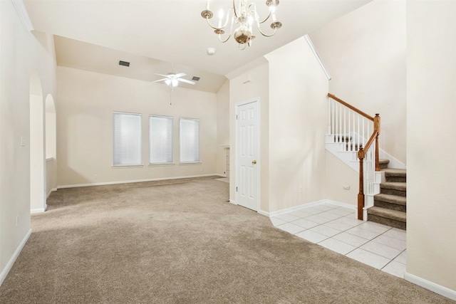 6710 Telluride Trl, Austin, TX 78749 - empty room with light colored carpet, stairs, ceiling fan, a chandelier, and light tile patterned floors