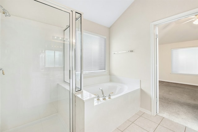 6710 Telluride Trl, Austin, TX 78749 - bathroom featuring a stall shower, a garden tub, tile patterned floors, vaulted ceiling, and ceiling fan