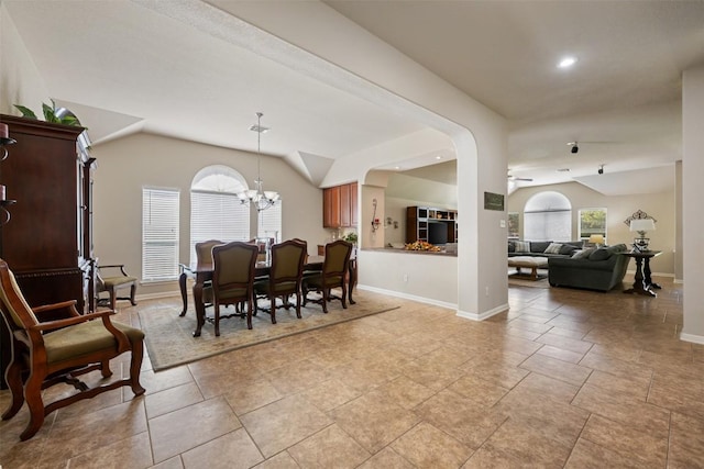 3509 Twin Branch Dr, Cedar Park, TX 78613 - dining room with vaulted ceiling, ceiling fan, a chandelier, and recessed lighting