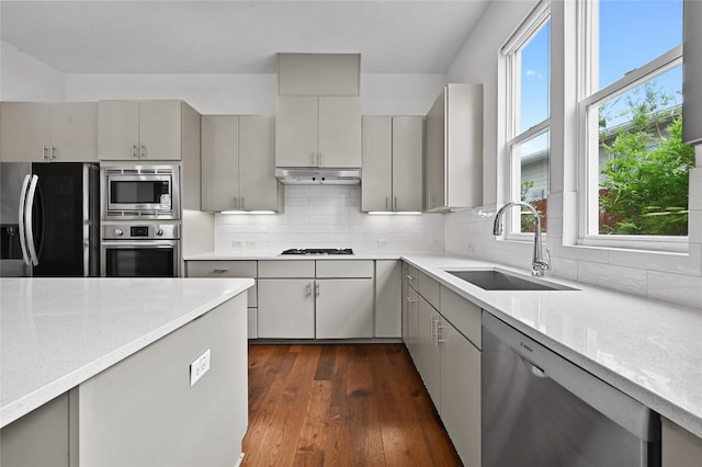 5904 Florencia Ln, Austin, TX 78724 - kitchen featuring appliances with stainless steel finishes, gray cabinets, plenty of natural light, and dark wood-style flooring