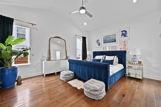 5904 Florencia Ln, Austin, TX 78724 - bedroom with hardwood / wood-style flooring, recessed lighting, high vaulted ceiling, and ceiling fan