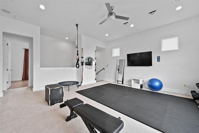 5904 Florencia Ln, Austin, TX 78724 - workout room featuring ceiling fan, recessed lighting, and carpet floors