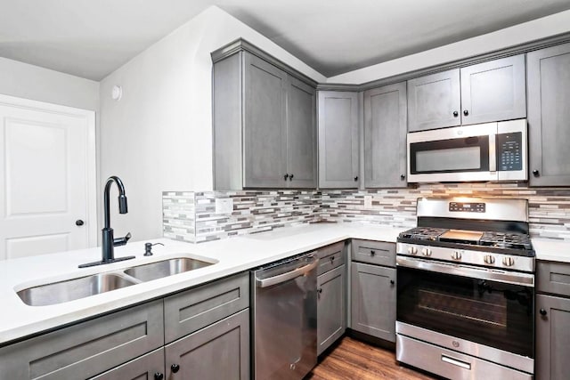 606 Elderberry Cv, Austin, TX 78745 - kitchen with stainless steel appliances, gray cabinetry, light countertops, and backsplash