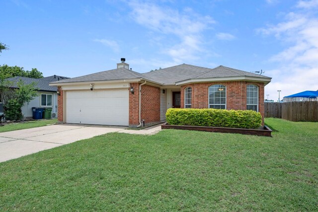 707 Eaglecreek Dr, Leander, TX 78641 - ranch-style home with brick siding, a garage, concrete driveway, a chimney, and roof with shingles